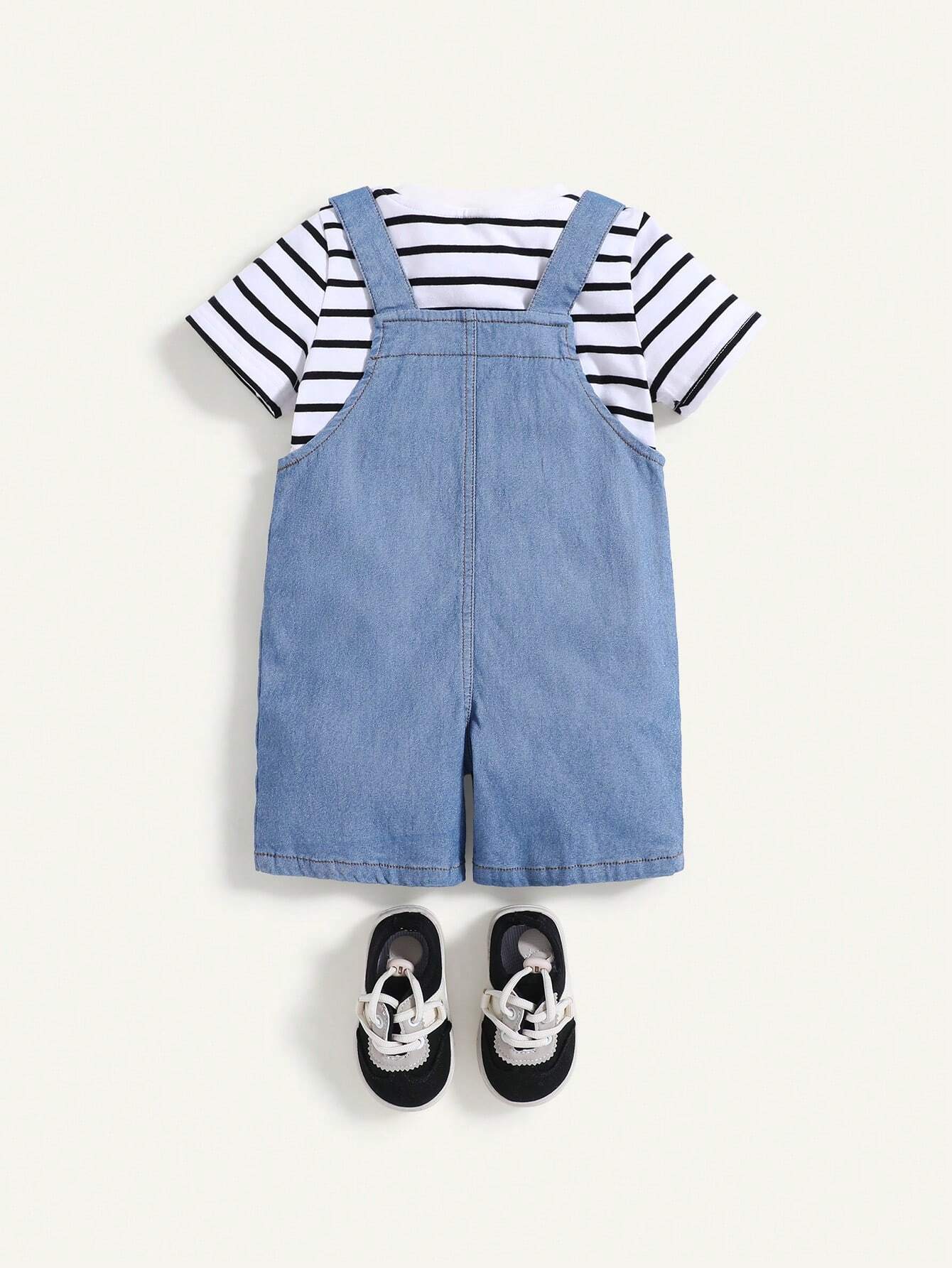 2pcs Baby Boy Striped T-Shirt And Denim Effect Overalls Set