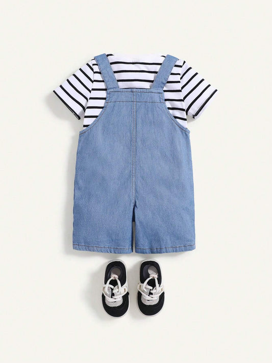 2pcs Baby Boy Striped T-Shirt And Denim Effect Overalls Set