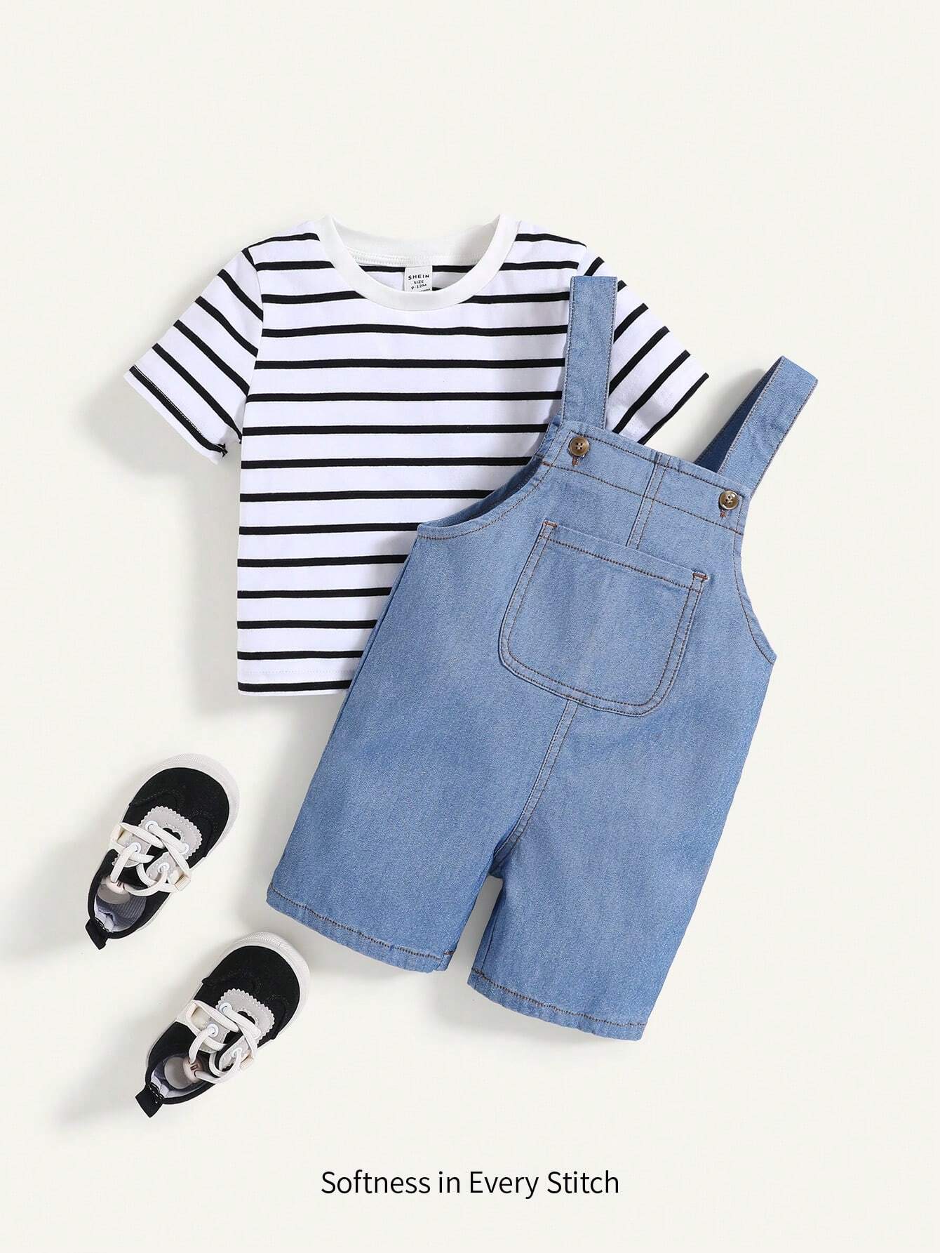 2pcs Baby Boy Striped T-Shirt And Denim Effect Overalls Set