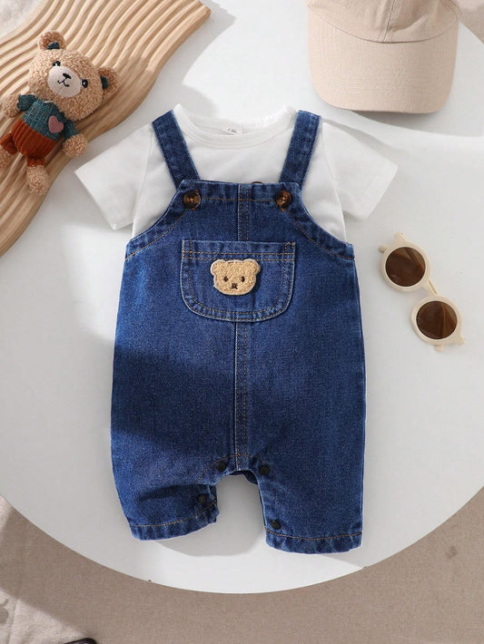 Baby Boy Cartoon Bear Pocket Decor Casual Bib Shorts Blue