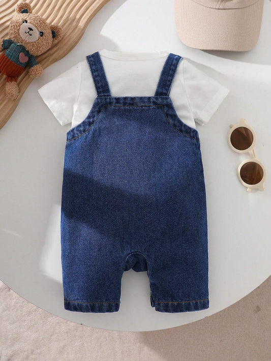 Baby Boy Cartoon Bear Pocket Decor Casual Bib Shorts