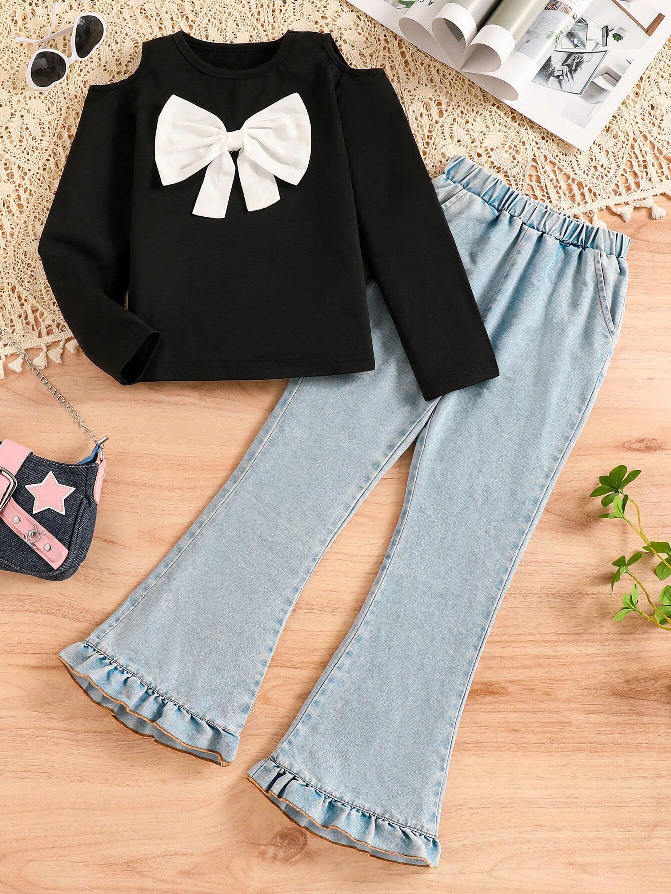Girls Bow Design Long Sleeve Denim Pants Set Black