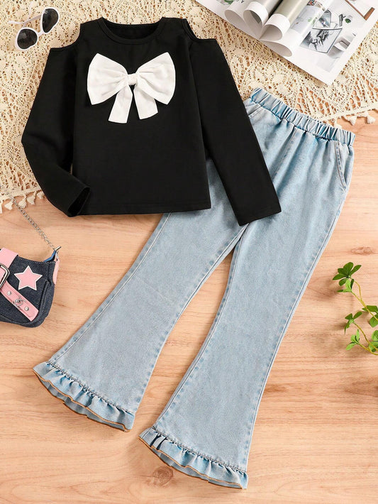 Girls Bow Design Long Sleeve Denim Pants Set Black