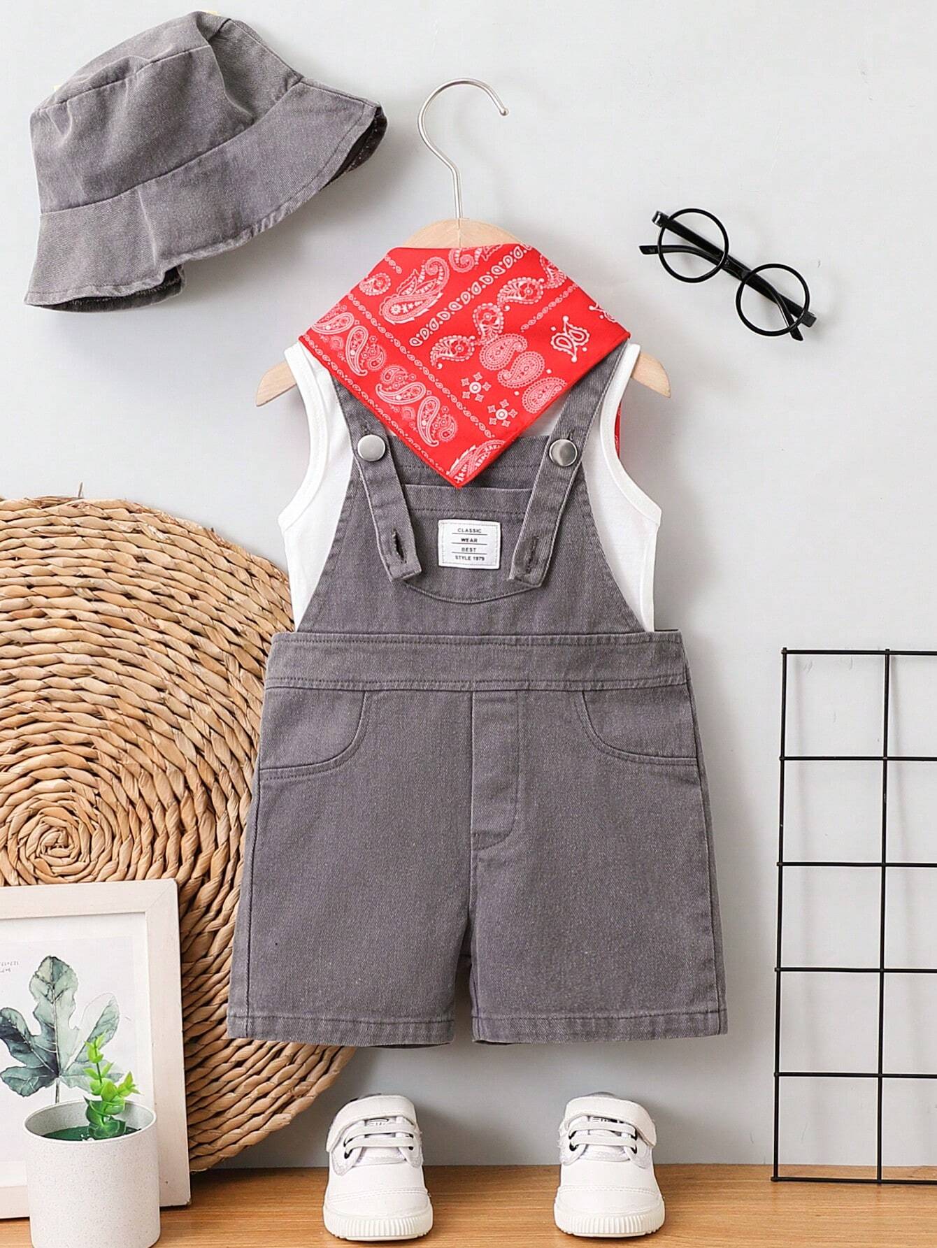 Baby Boys Distressed Denim Bib Overalls, Tank Top, Denim Bucket Hat & Red Bandana Fashion Outfit Grey 2