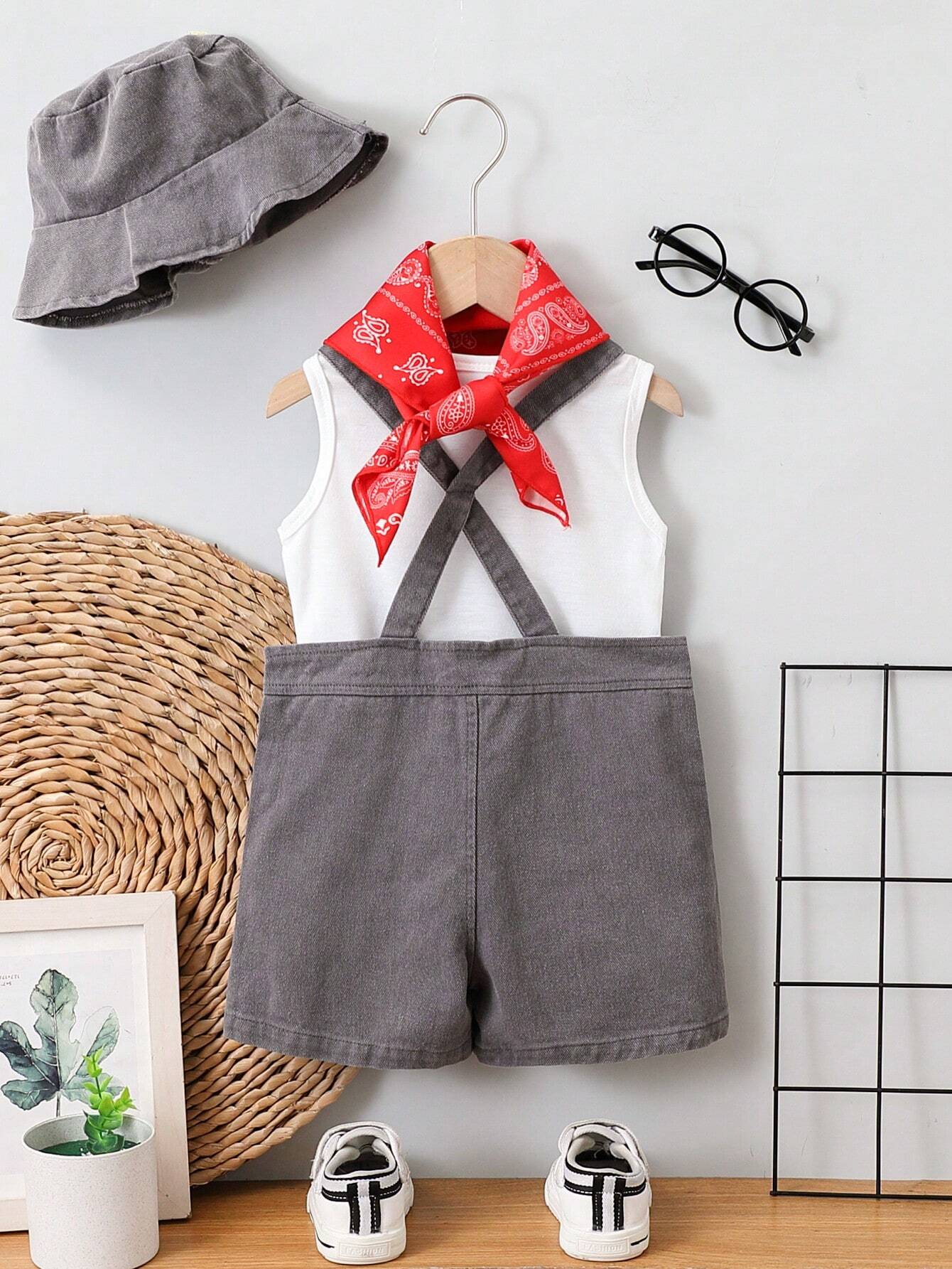 Baby Boys Distressed Denim Bib Overalls, Tank Top, Denim Bucket Hat & Red Bandana Fashion Outfit