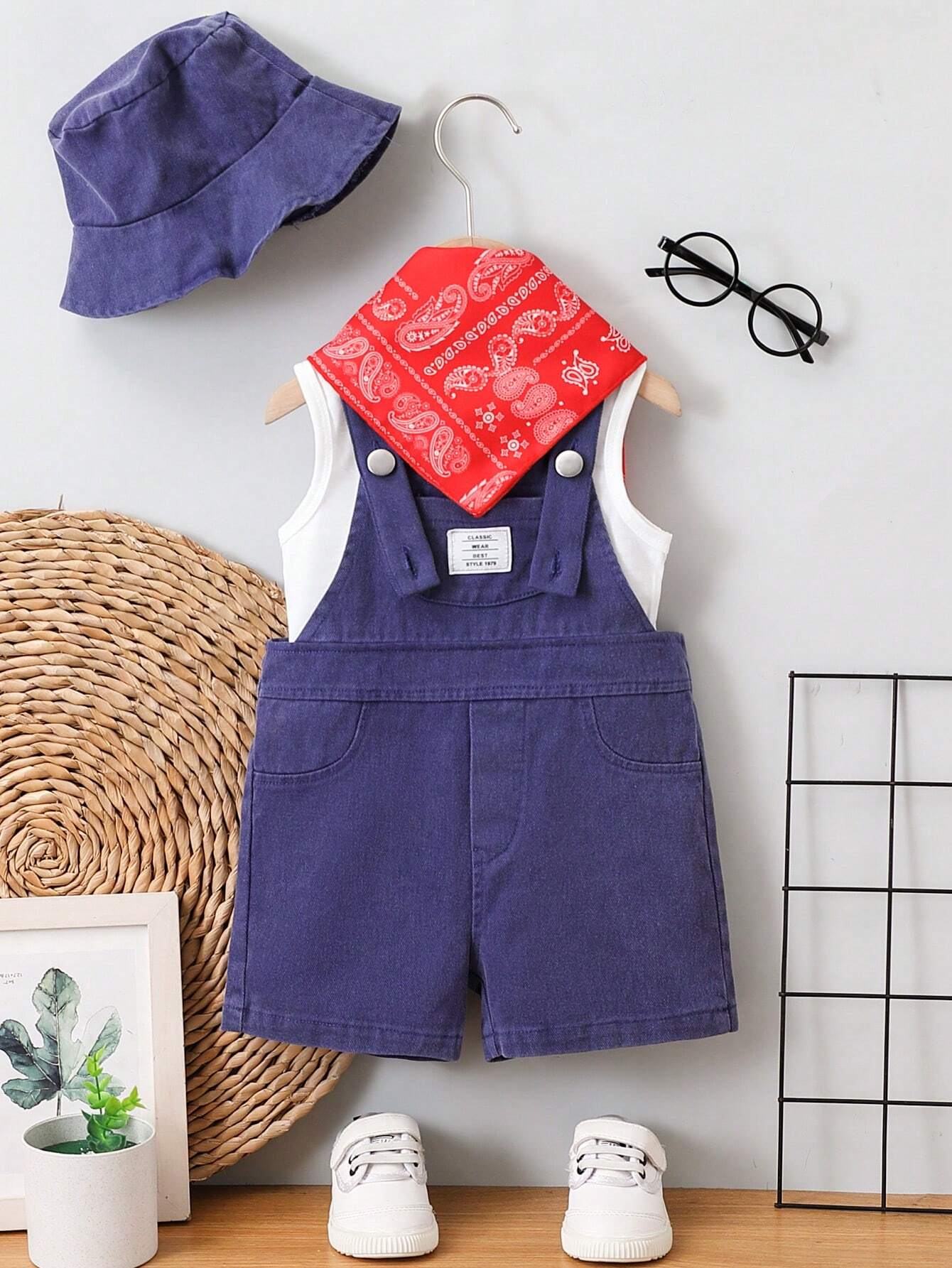 Baby Boys Distressed Denim Bib Overalls, Tank Top, Denim Bucket Hat & Red Bandana Fashion Outfit Navy Blue