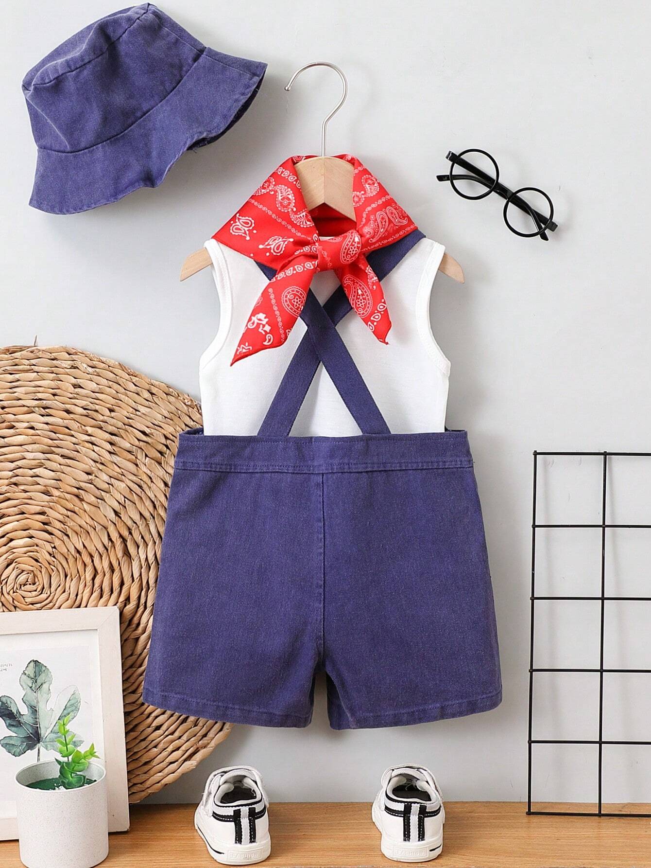 Baby Boys Distressed Denim Bib Overalls, Tank Top, Denim Bucket Hat & Red Bandana Fashion Outfit