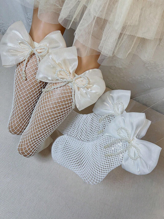 2pairs Toddler Girls Bow & Faux Pearl Decor Fishnet Socks Multicolor One-Size