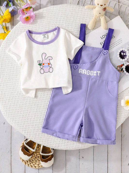 2pcs/Set Baby Girls Cute Rabbit Print Short Sleeve T-Shirt And Bib Shorts Set Multicolor