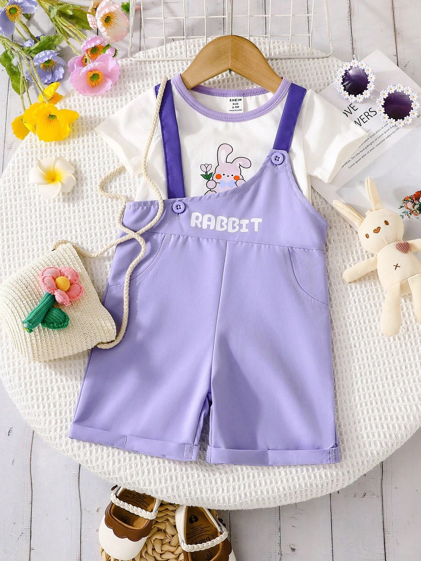 2pcs/Set Baby Girls Cute Rabbit Print Short Sleeve T-Shirt And Bib Shorts Set