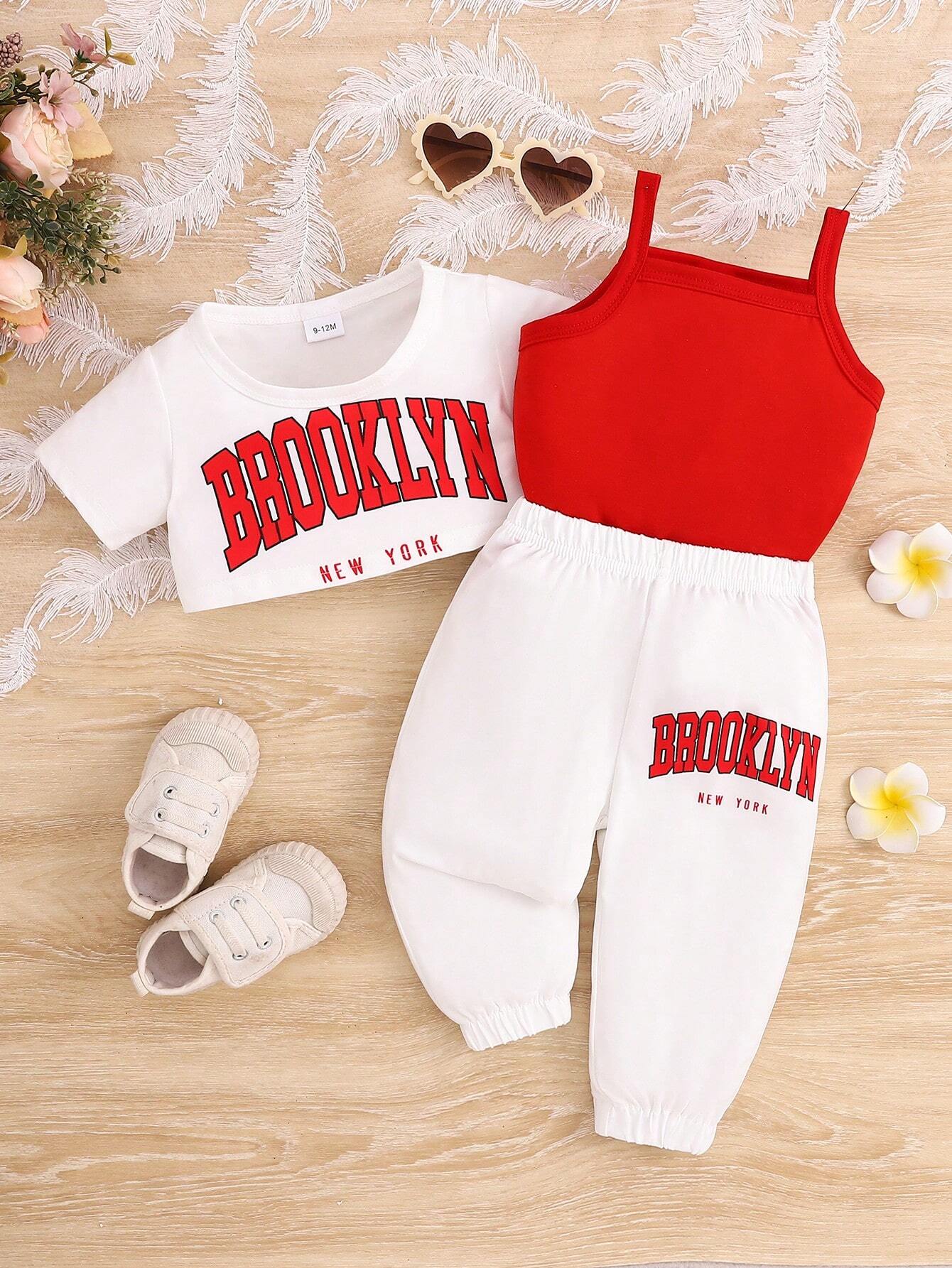3pcs Baby Girl Casual Letter Printed T-Shirt, Tank Top And Pants Set Red & White