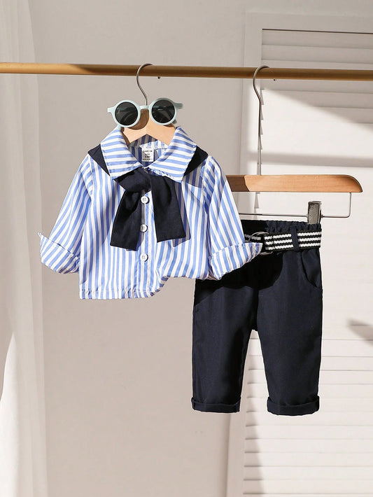 Baby Boy 2pcs Set: Striped Stylish Shirt And Black Suit Pants Multicolor