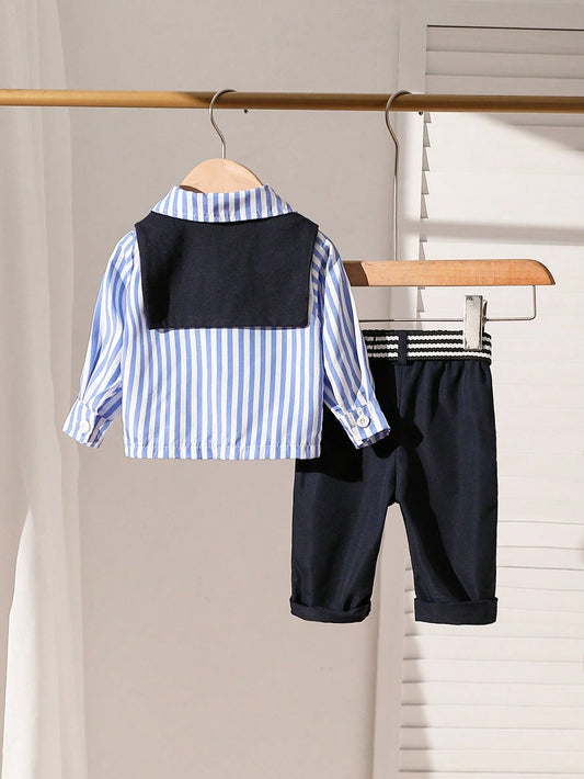 Baby Boy 2pcs Set: Striped Stylish Shirt And Black Suit Pants