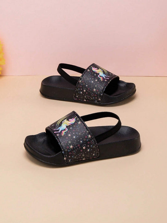 Casual Comfortable Unisex Kids Black Unicorn Outdoor Beach Sandals