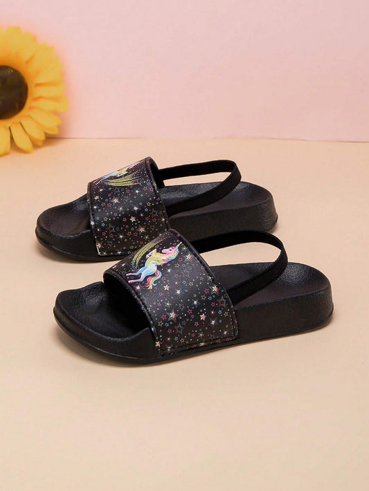 Casual Comfortable Unisex Kids Black Unicorn Outdoor Beach Sandals Black