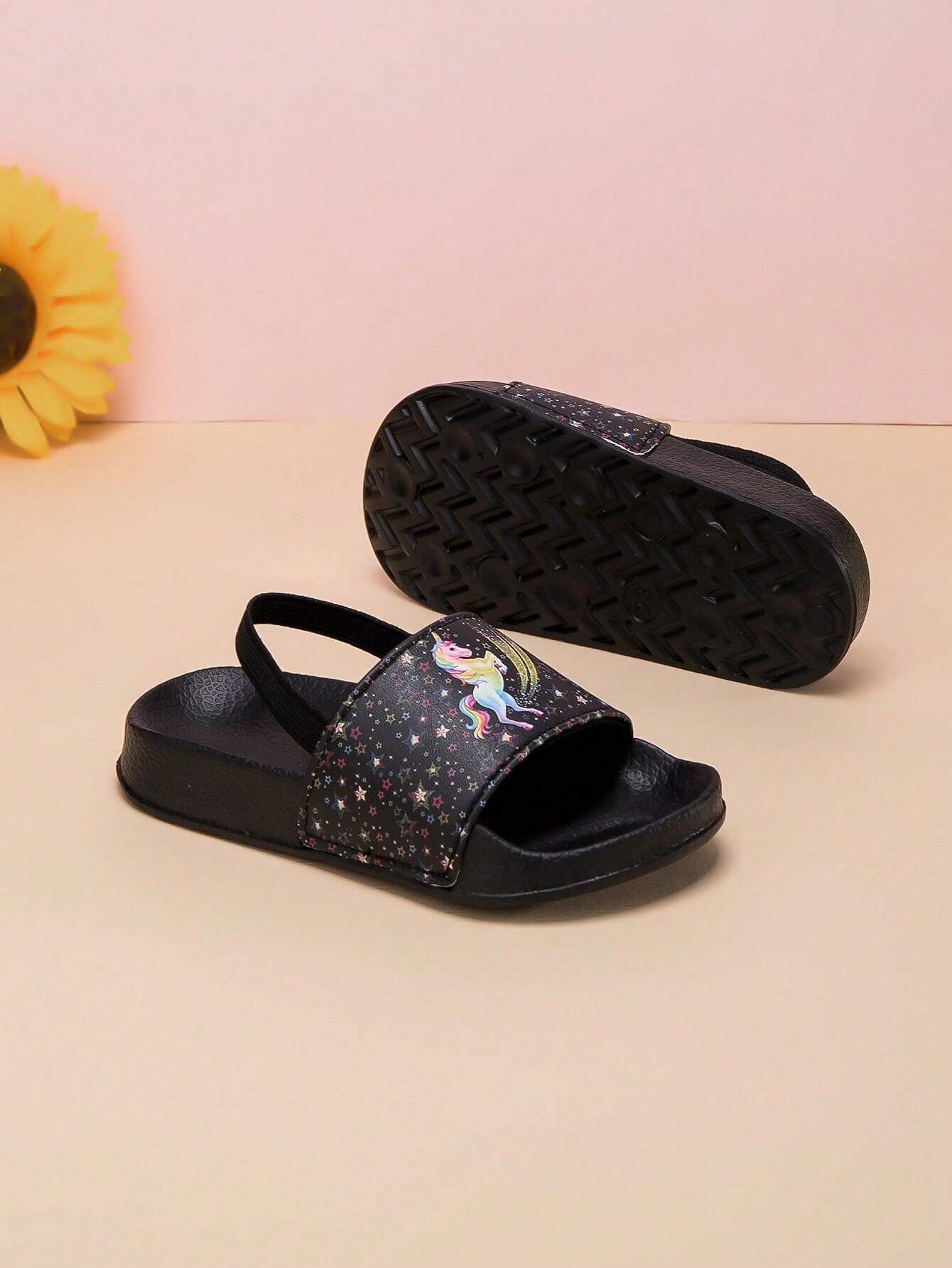 Casual Comfortable Unisex Kids Black Unicorn Outdoor Beach Sandals