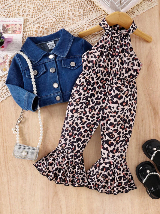 Wildeya Baby Girl Solid Color Front Buttoned Long Sleeve Denim Jacket + Leopard Printed Suspender Pants Multicolor