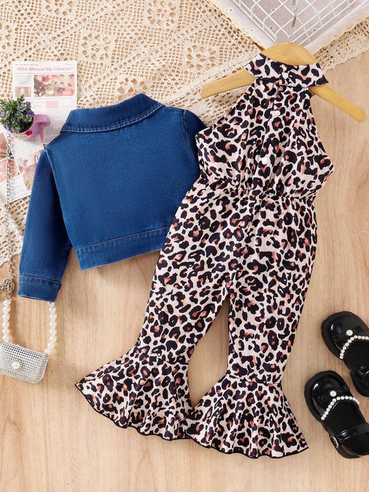 Wildeya Baby Girl Solid Color Front Buttoned Long Sleeve Denim Jacket + Leopard Printed Suspender Pants