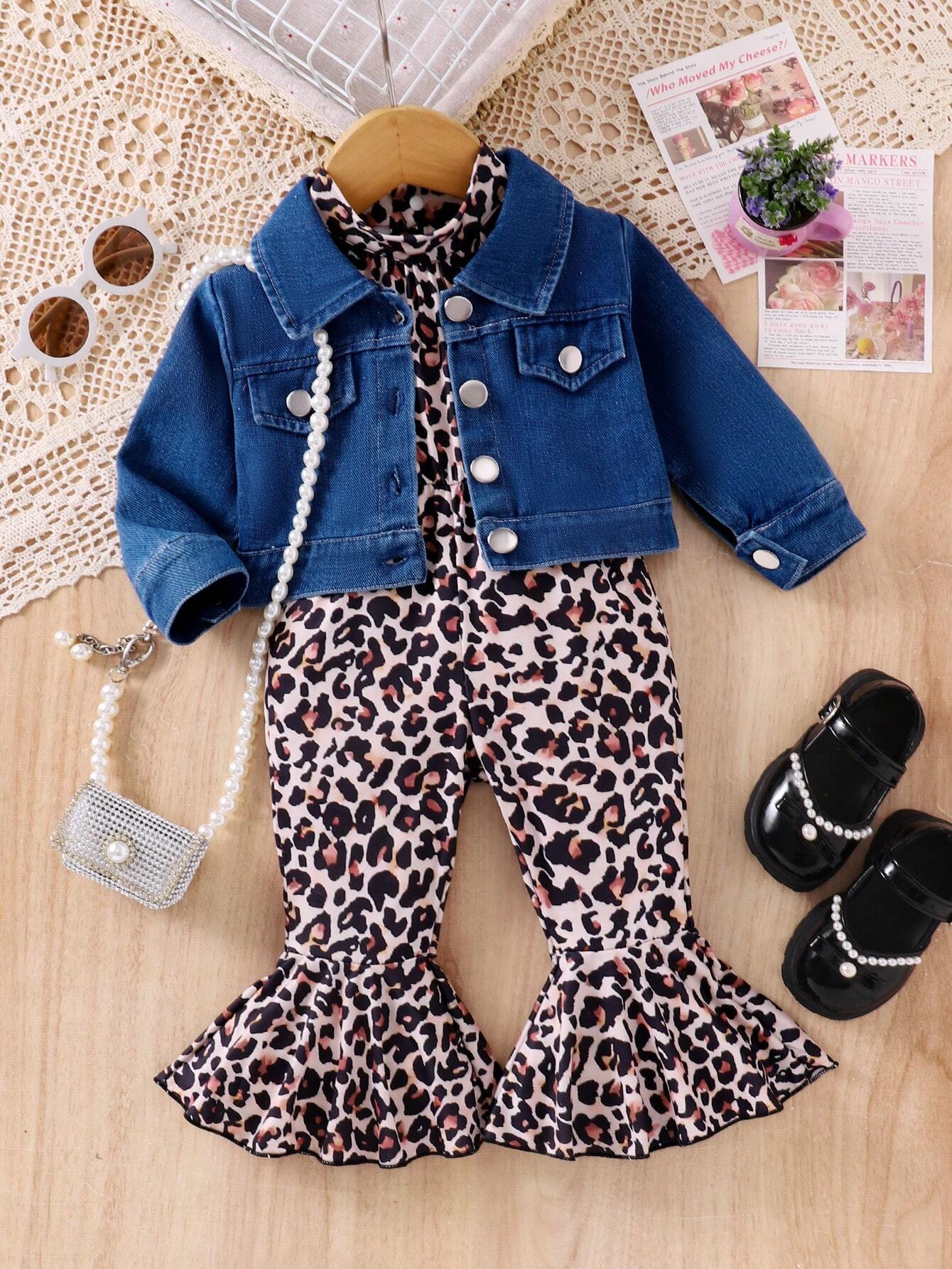 Wildeya Baby Girl Solid Color Front Buttoned Long Sleeve Denim Jacket + Leopard Printed Suspender Pants