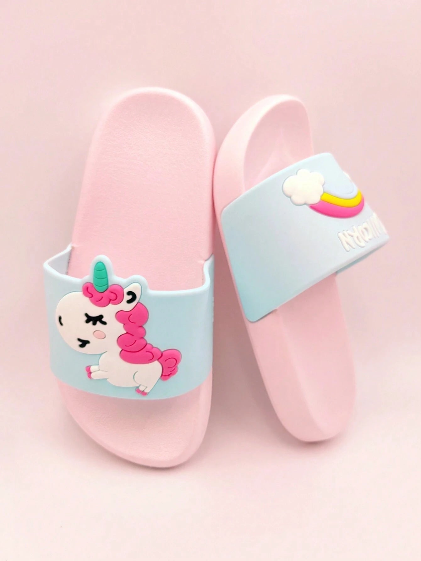1 Pair Children Rainbow Unicorn PVC Anti-Slip Flat Slippers Pink