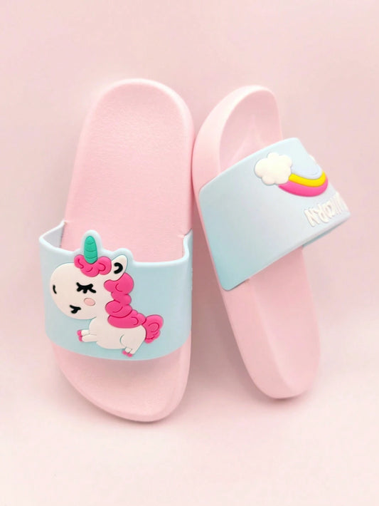 1 Pair Children Rainbow Unicorn PVC Anti-Slip Flat Slippers Pink