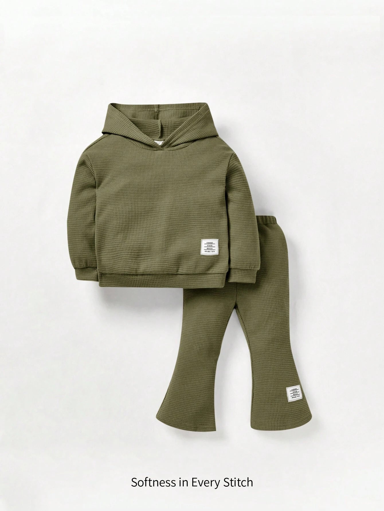 Baby Girl Solid Dropped Shoulder Hooded Sweatshirt And Flare Leg Pants Army Green 9-12M