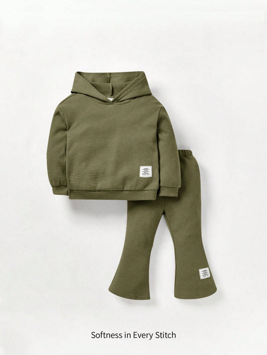 Baby Girl Solid Dropped Shoulder Hooded Sweatshirt And Flare Leg Pants Army Green 9-12M