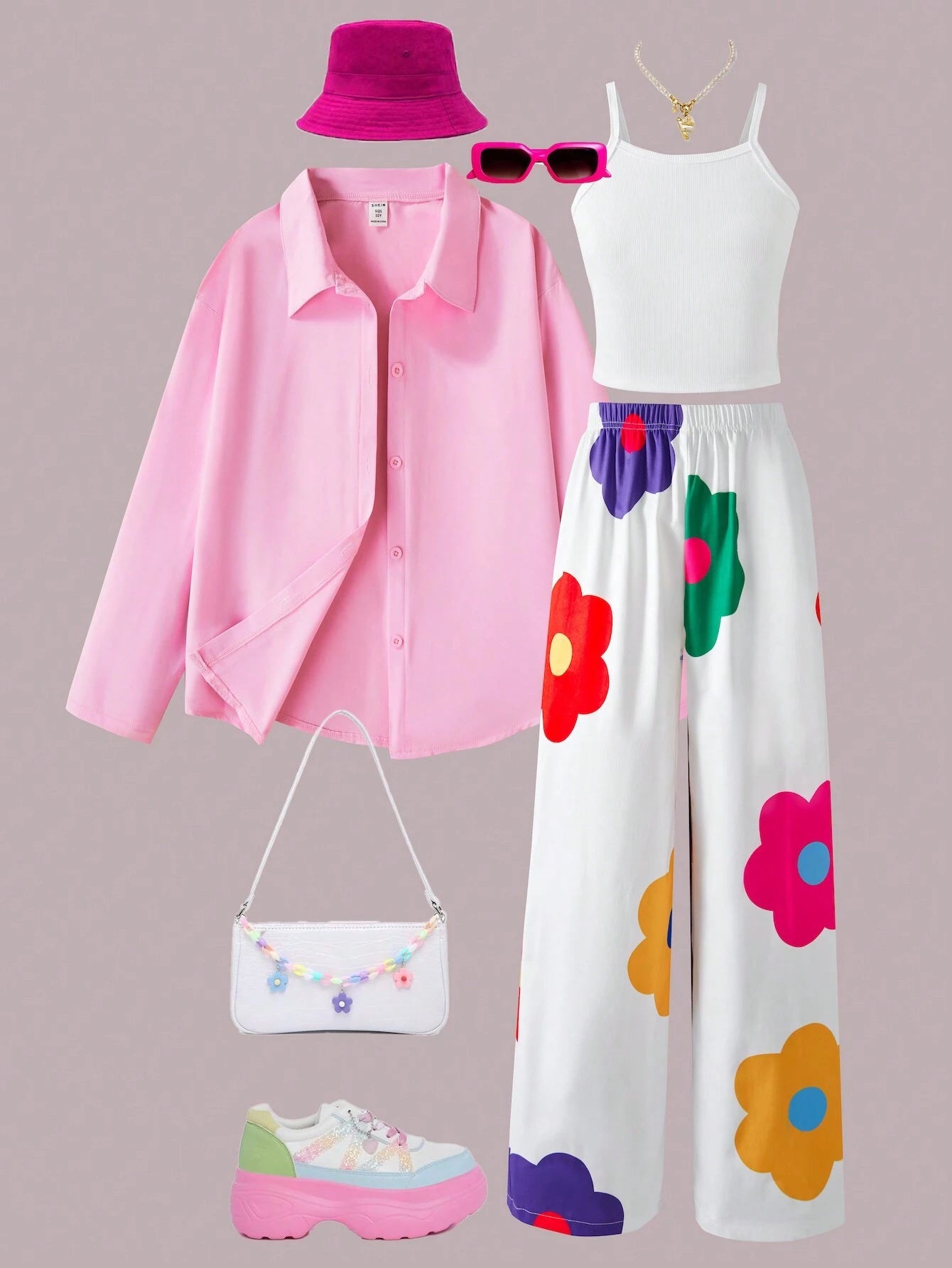3pcs Set - Long Sleeve Pink Blouse, Loose White Floral Print Wide Leg Pants & Ribbed Cami Top Multicolor 8Y