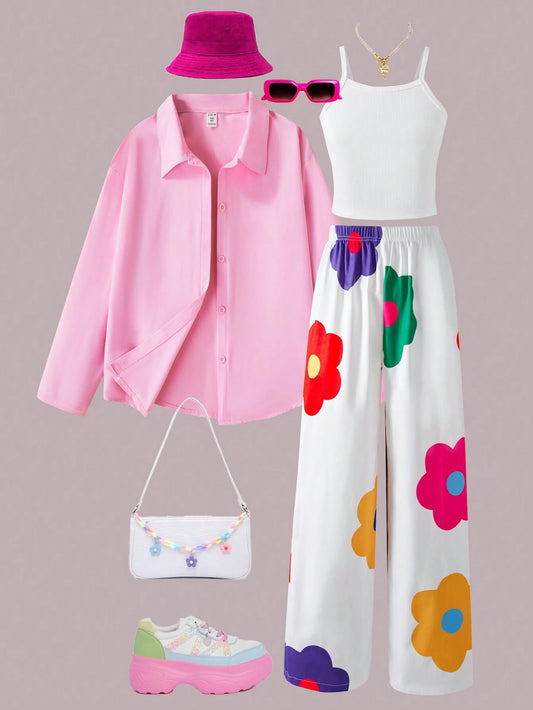3pcs Set - Long Sleeve Pink Blouse, Loose White Floral Print Wide Leg Pants & Ribbed Cami Top Multicolor 8Y