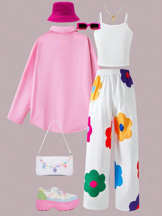 3pcs Set - Long Sleeve Pink Blouse, Loose White Floral Print Wide Leg Pants & Ribbed Cami Top