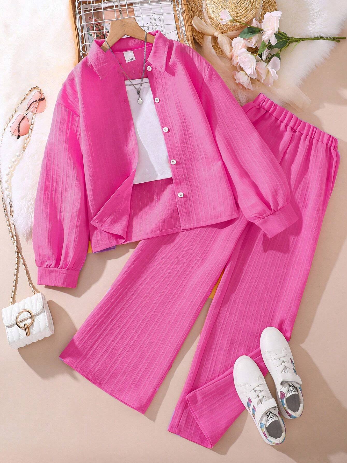 Tween Girl 2-Piece Set New Autumn Turn-Down Collar Long Sleeve Shirt And Long Pants Hot Pink