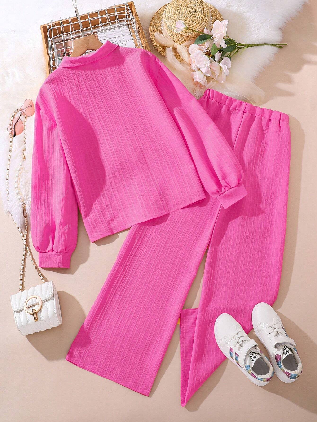 Tween Girl 2-Piece Set New Autumn Turn-Down Collar Long Sleeve Shirt And Long Pants