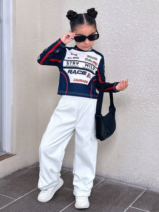Streecool Kids Girls' Biker Style High Collar Long Sleeve Tee & PU Leather Pants Set White