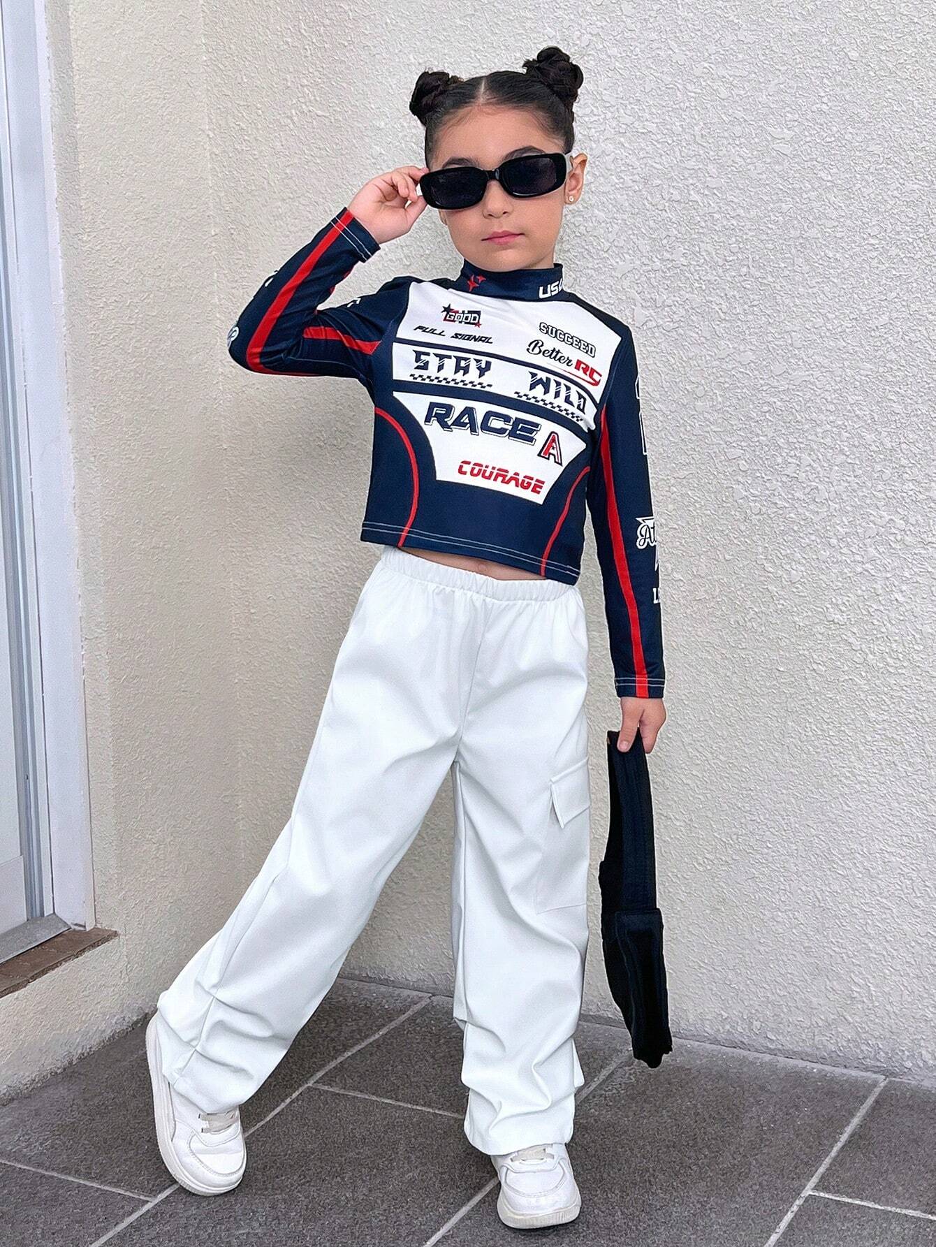Streecool Kids Girls' Biker Style High Collar Long Sleeve Tee & PU Leather Pants Set