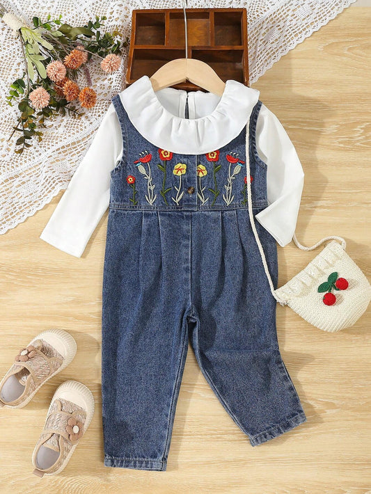 Infant Girls' Cute Embroidered Simple Casual Denim Jumpsuit + Long Sleeve Knit Collared Top Set Multicolor