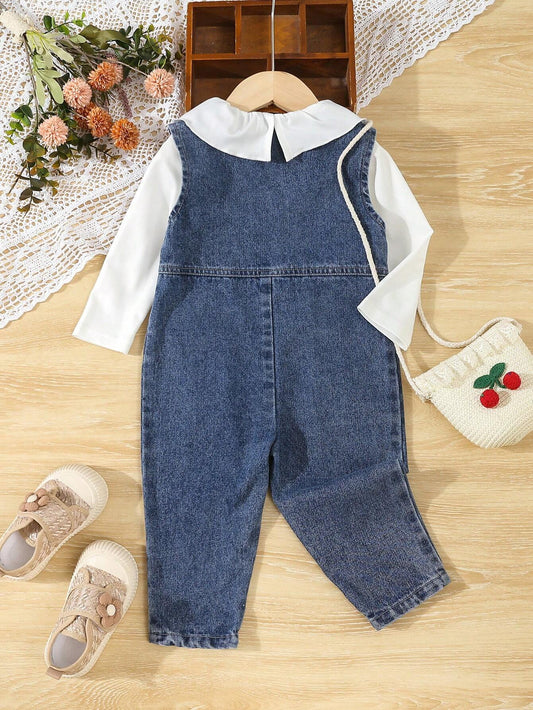 Infant Girls' Cute Embroidered Simple Casual Denim Jumpsuit + Long Sleeve Knit Collared Top Set
