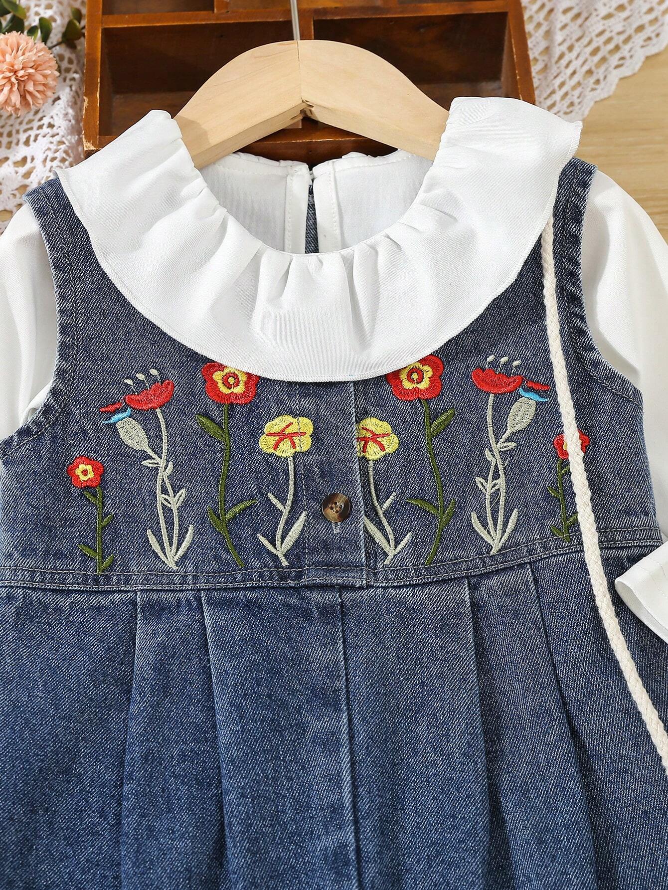 Infant Girls' Cute Embroidered Simple Casual Denim Jumpsuit + Long Sleeve Knit Collared Top Set