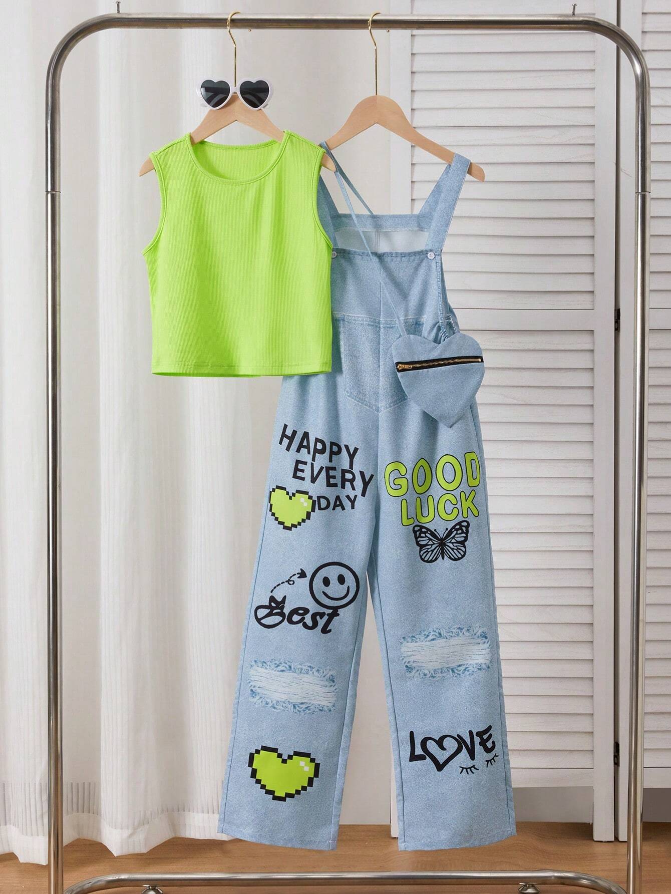 2pcs/Set Tween Girl Casual Denim-Look Printed Overalls And Camisole Tank Top Set Multicolor 3