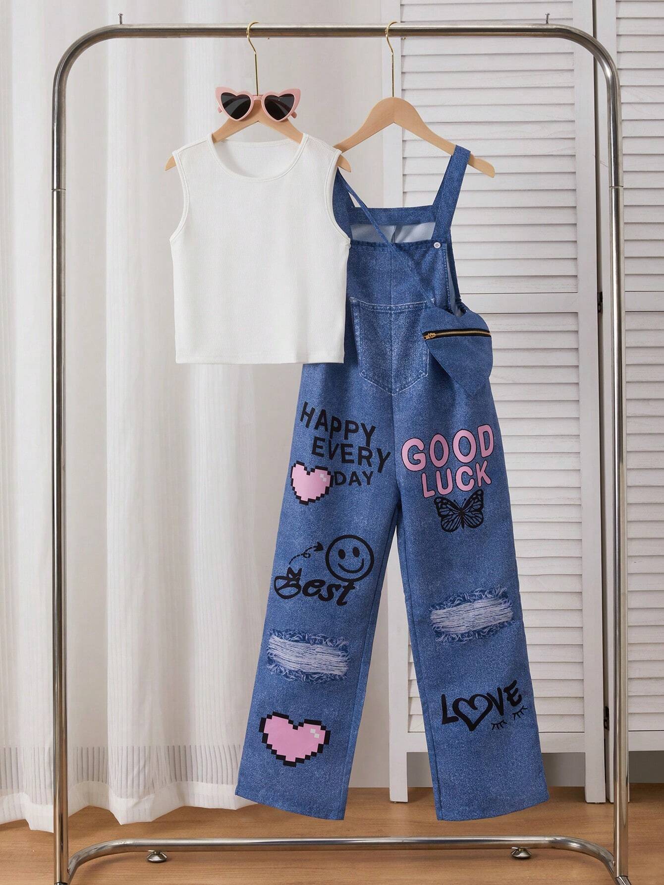 2pcs/Set Tween Girl Casual Denim-Look Printed Overalls And Camisole Tank Top Set Multicolor 2