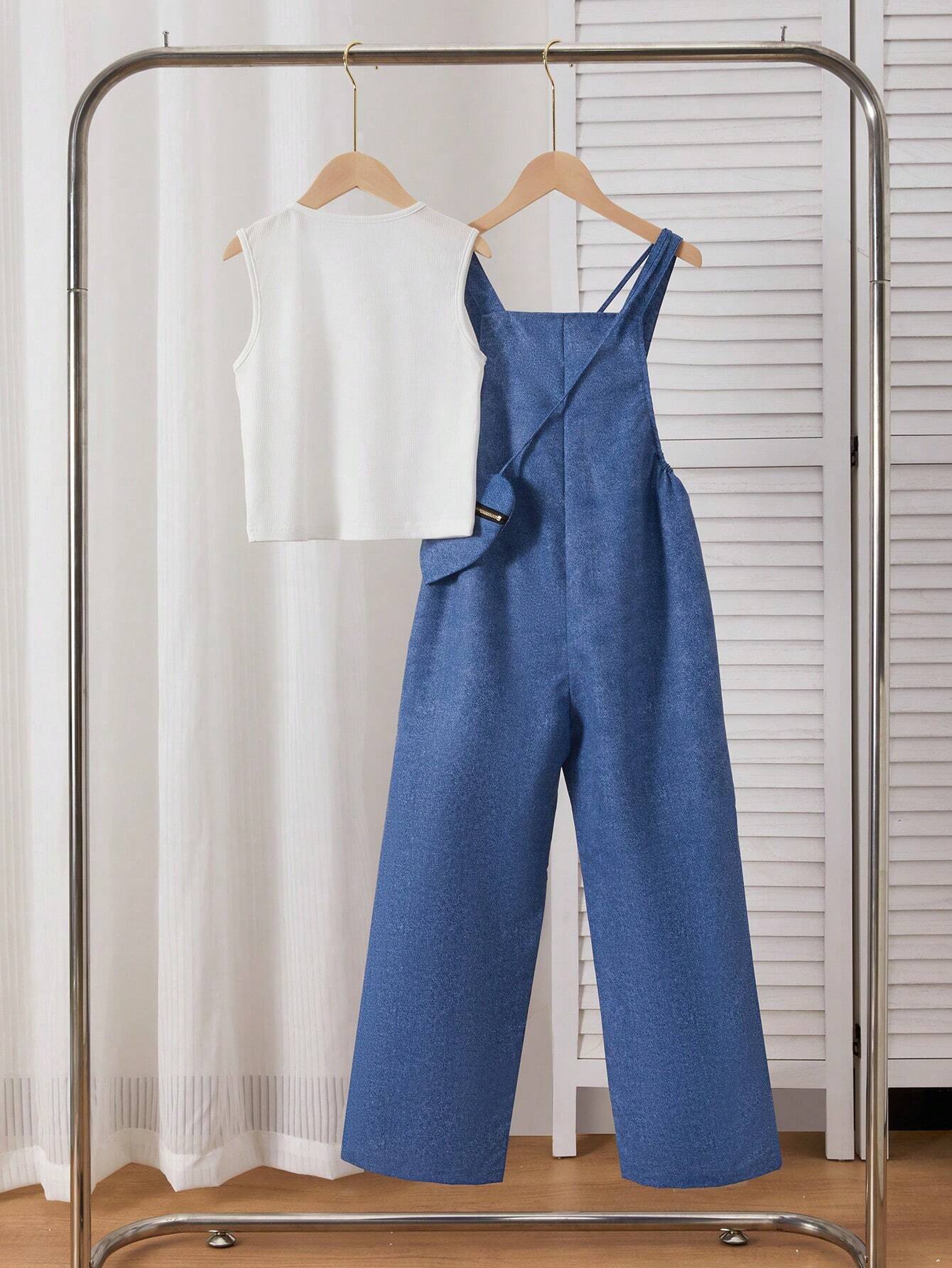 2pcs/Set Tween Girl Casual Denim-Look Printed Overalls And Camisole Tank Top Set