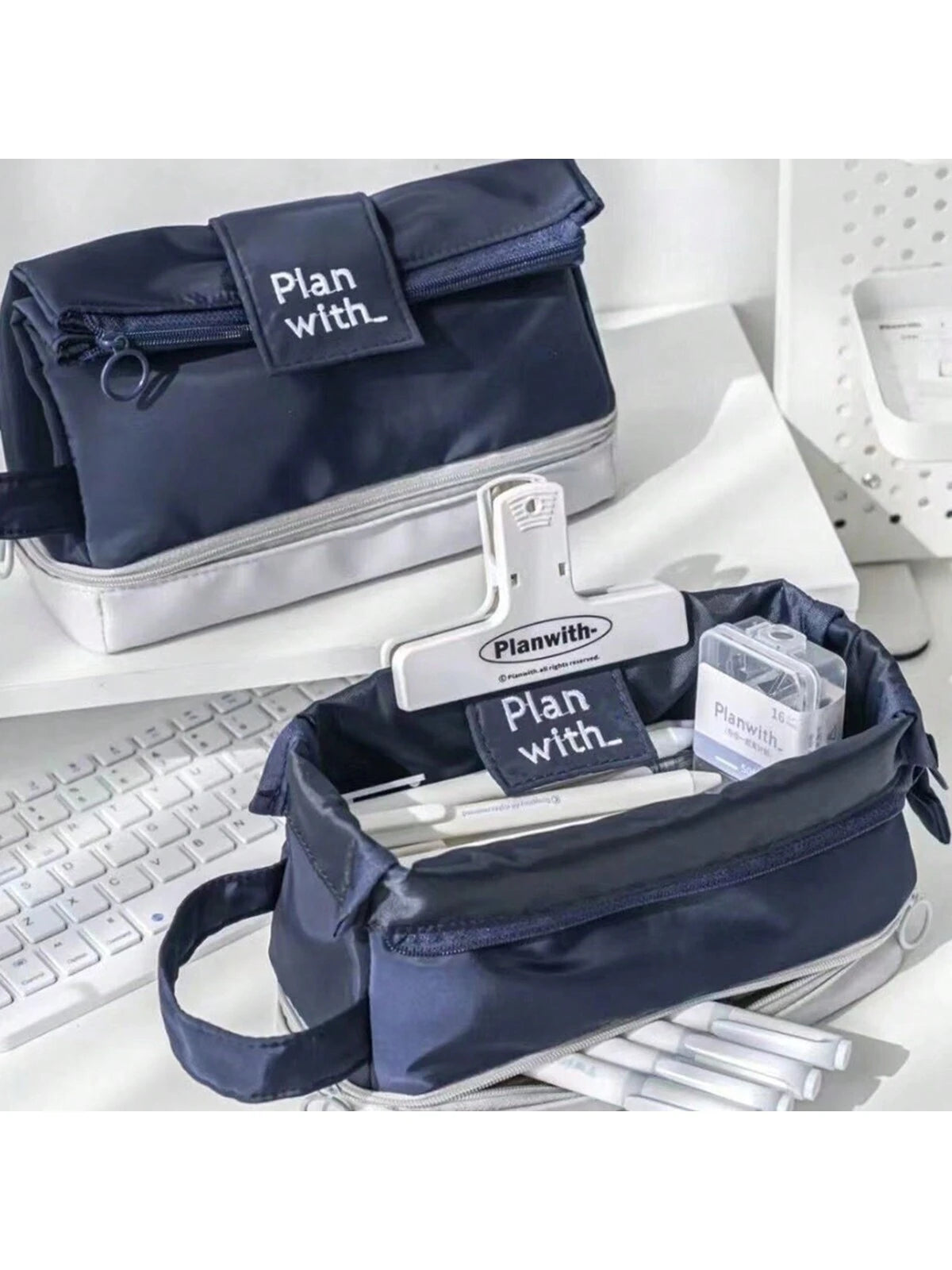 1pc Unisex Solid Color Folding Double Layer Pencil Bag, Creative Minimalist Large Capacity Stationery Organizer