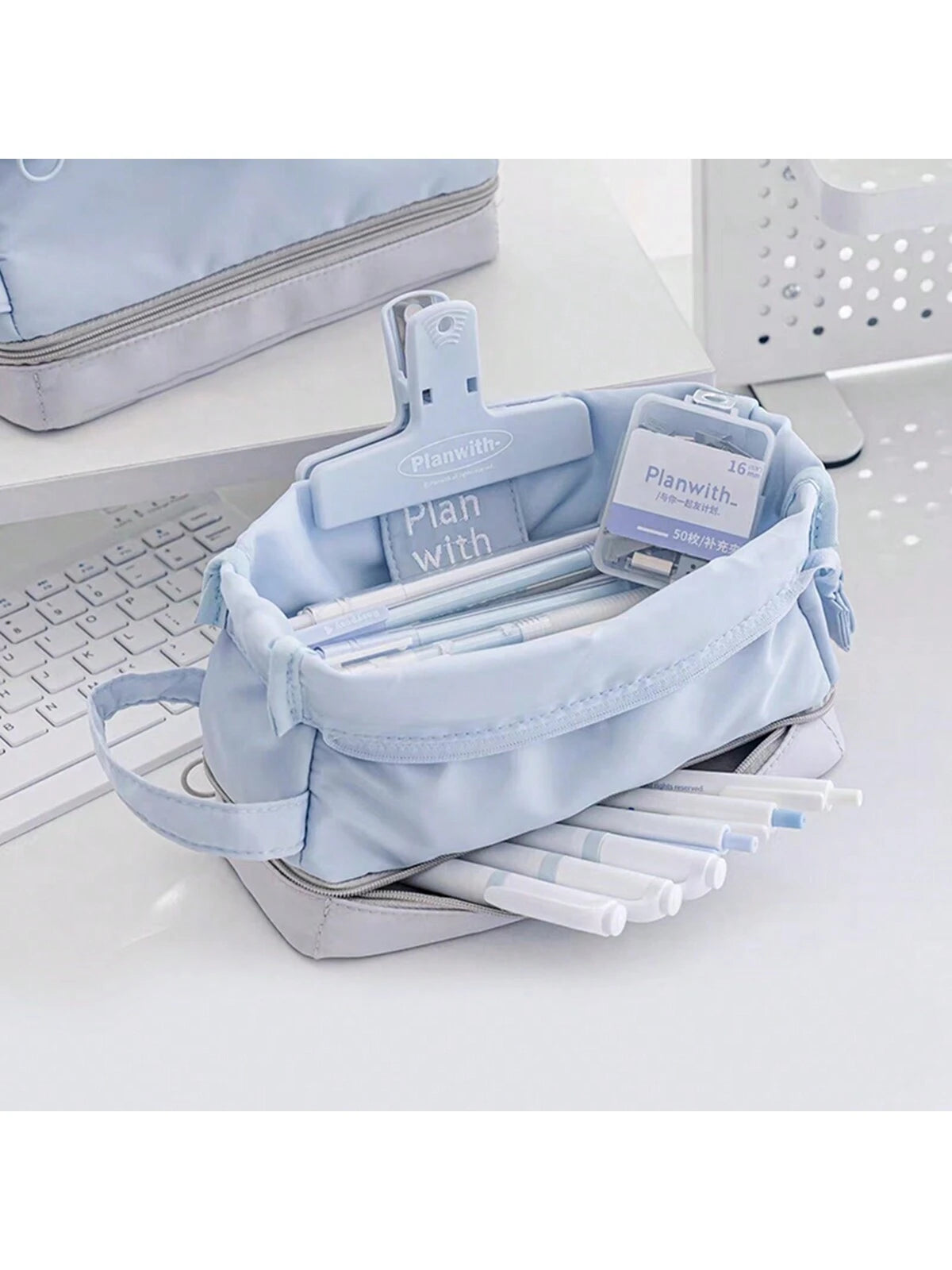 1pc Unisex Solid Color Folding Double Layer Pencil Bag, Creative Minimalist Large Capacity Stationery Organizer Blue