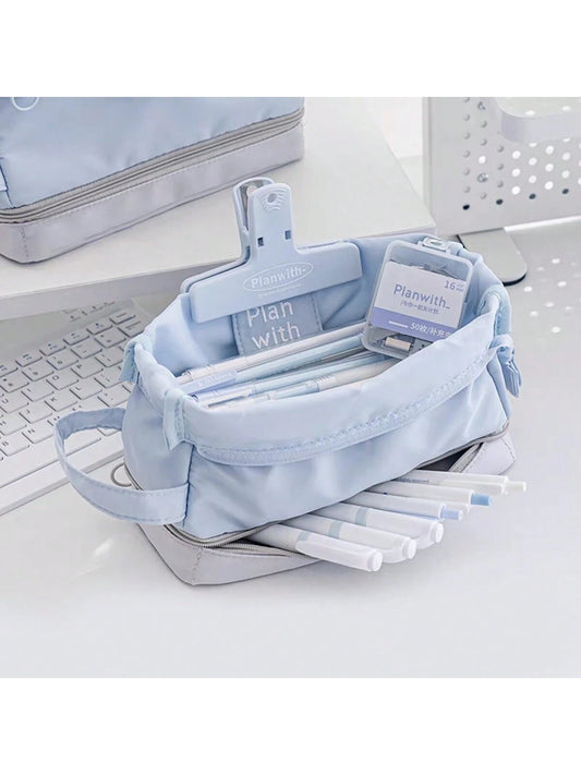 1pc Unisex Solid Color Folding Double Layer Pencil Bag, Creative Minimalist Large Capacity Stationery Organizer Blue