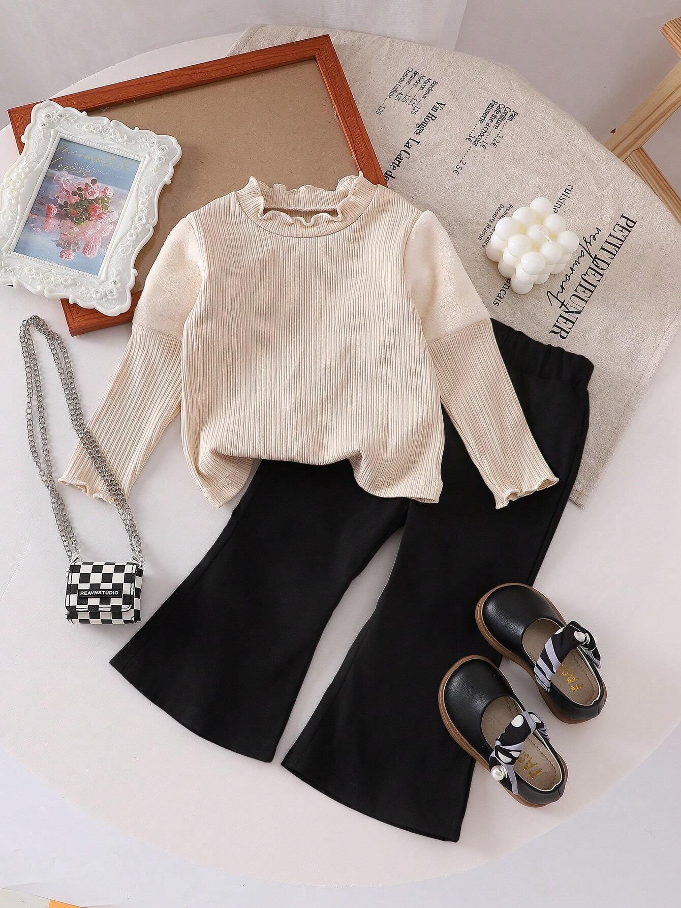 2pcs/Set Infant Beige Long Sleeve Top And Black Pants Outfit Apricot