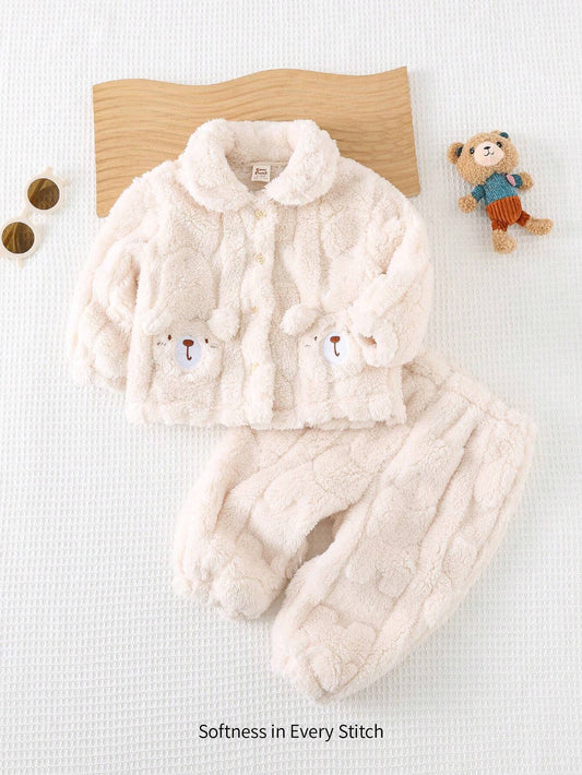 Cozy Pixies 2pcs Baby Girl Cartoon Bear Front Pocket Lapel Long Sleeve Cardigan And Pants Set Apricot