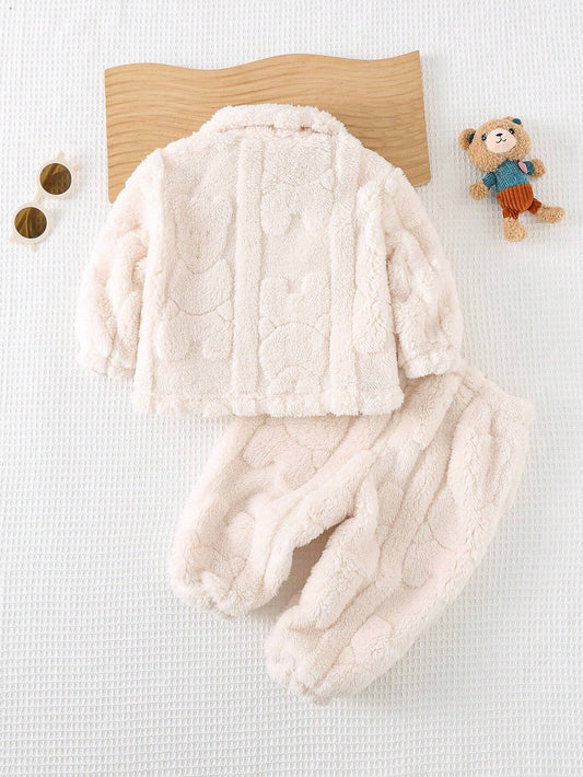 Cozy Pixies 2pcs Baby Girl Cartoon Bear Front Pocket Lapel Long Sleeve Cardigan And Pants Set