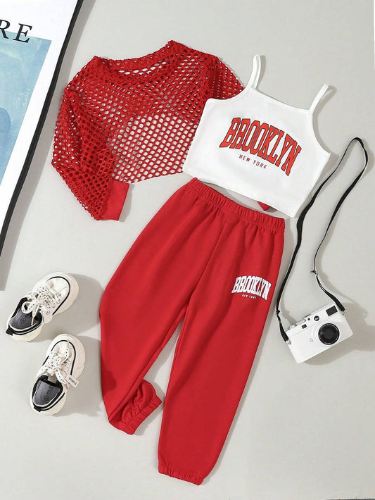 3pcs Young Girl Red Plaid Shirt, White Letter Vest And Red Long Sweatpants Casual Sports Red
