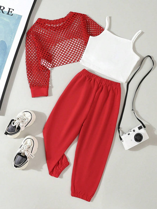 3pcs Young Girl Red Plaid Shirt, White Letter Vest And Red Long Sweatpants Casual Sports