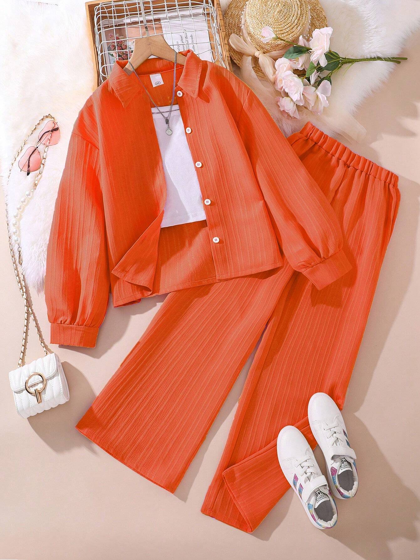 Tween Girl 2-Piece Set New Autumn Turn-Down Collar Long Sleeve Shirt And Long Pants Orange