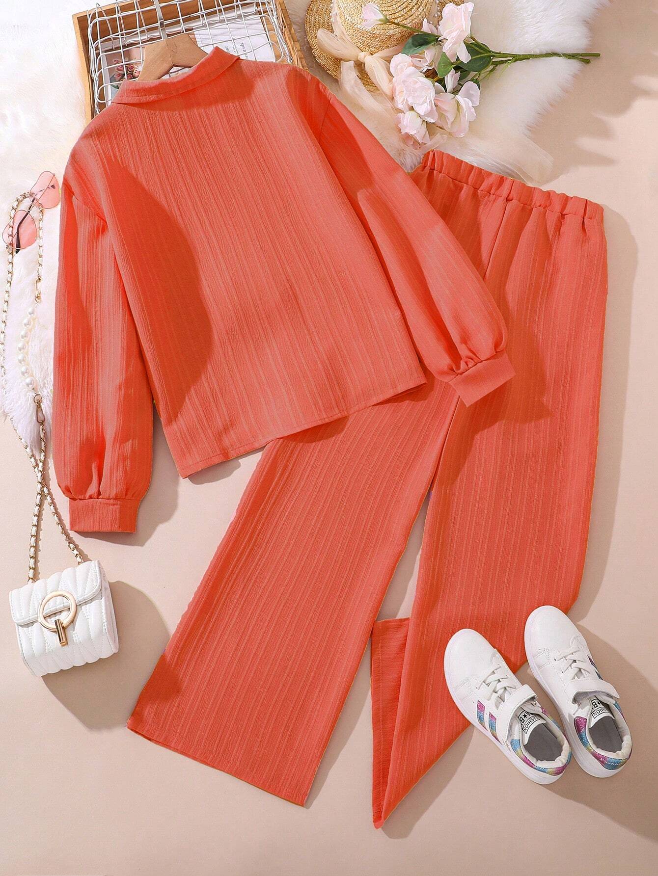 Tween Girl 2-Piece Set New Autumn Turn-Down Collar Long Sleeve Shirt And Long Pants